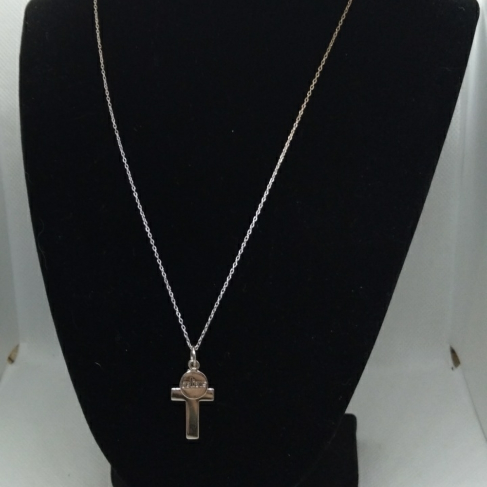 18" sterling silver cross with believe pendant